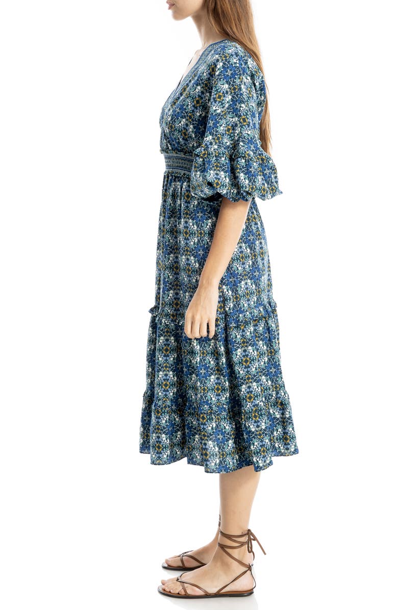 MAX STUDIO Elbow Sleeve Ruffle Midi Dress, Alternate, color, Spruce Fold Flower Grid Panel