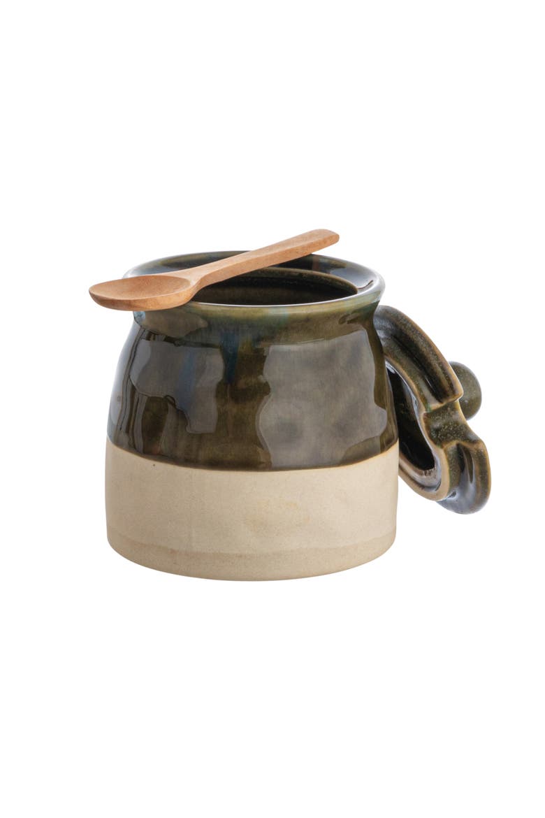 Stoneware Sugar Pot with Lid and Wood Spoon, Deep Green Glaze, Alternate, color, Green
