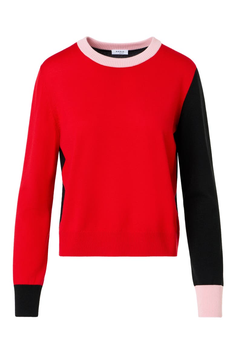 Colorblock Virgin Wool Sweater, Alternate, color, BRIGHT RED-BLACK-ROSE