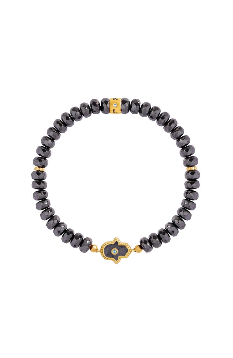 Karma and Luck Guardian Spirit Hematite & Aquamarine Hamsa Bracelet, Main, color, Grey/Gold