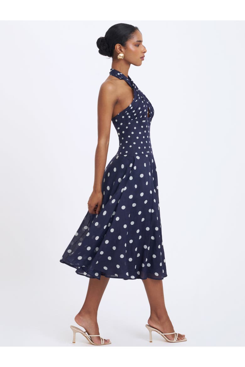 Nuri Polka Dot Ramie Crossover Halter A-Line Midi Dress, Alternate, color, Navy