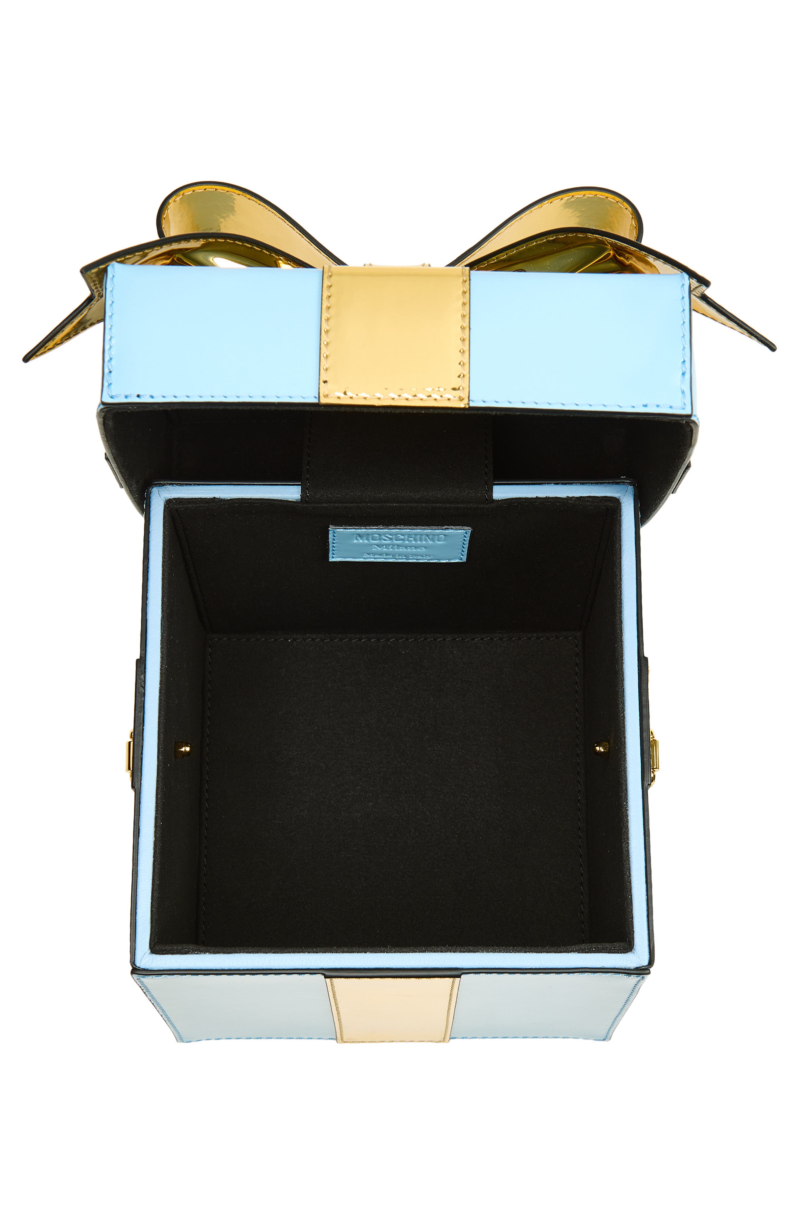 Moschino Gift Box Bag Leather Clutch, Alternate, color, Blue