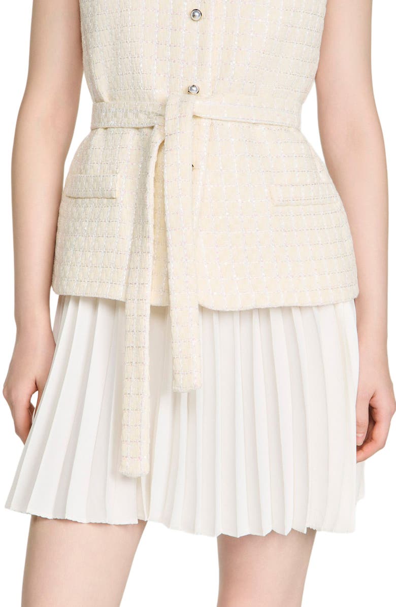 SANDRO Two-material short dress, Alternate, color, Ecru