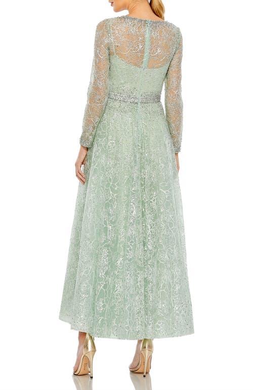 Mac Duggal Embellished Wrap Over Long Sleeve Midi Dress In Sage