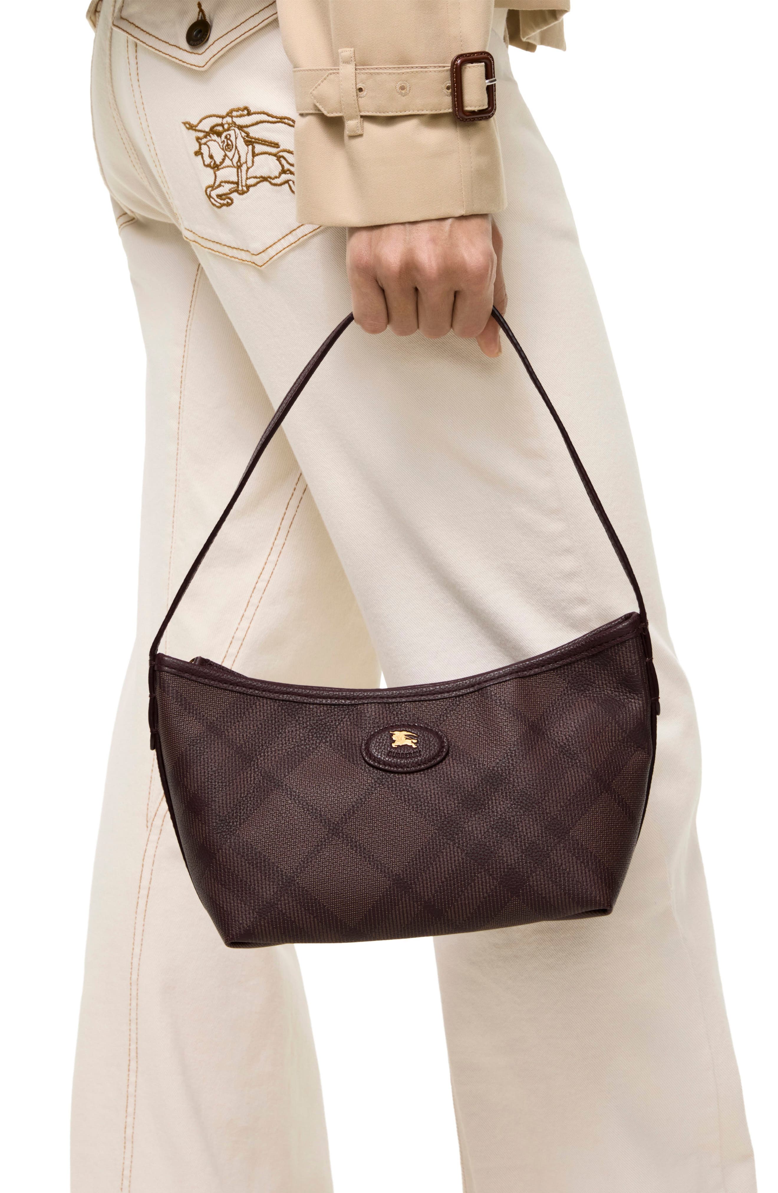 Highlands Check Leather Baguette Bag, Alternate, color, VINEYARD RED