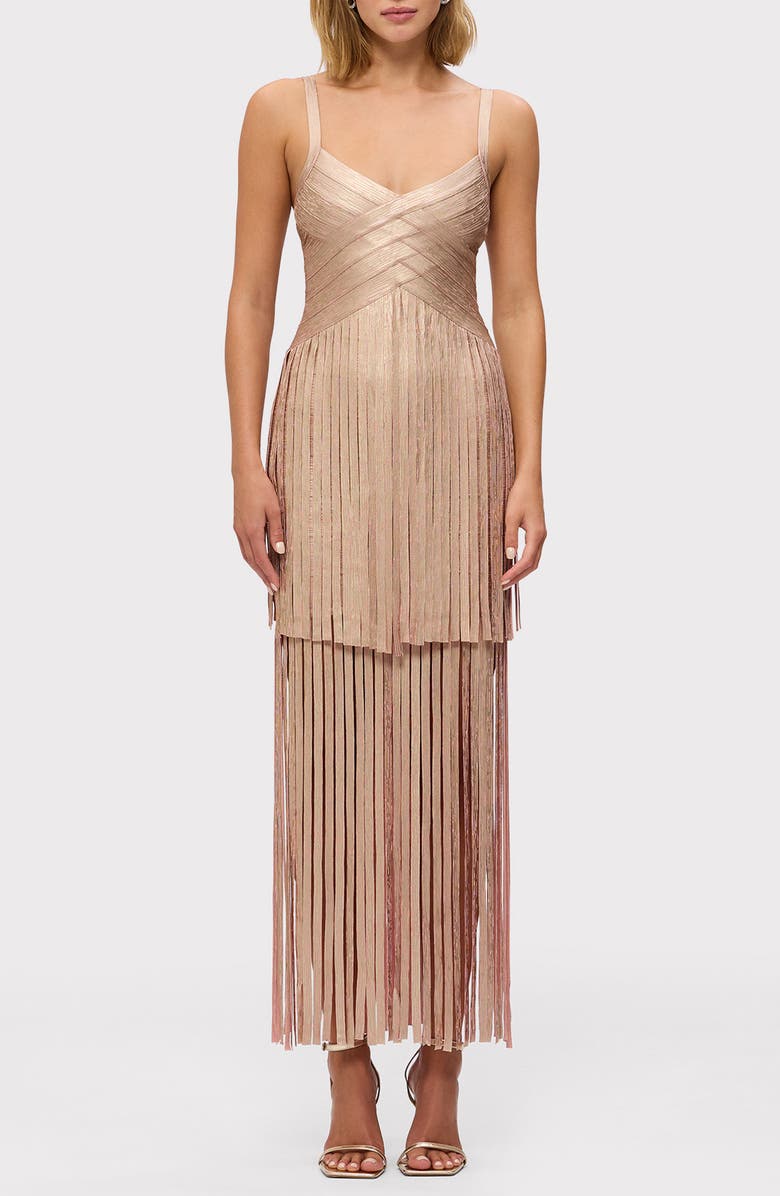 Herve Leger The Metallic Vivienne Bandage Gown, Main, color, Rose Gold Foil