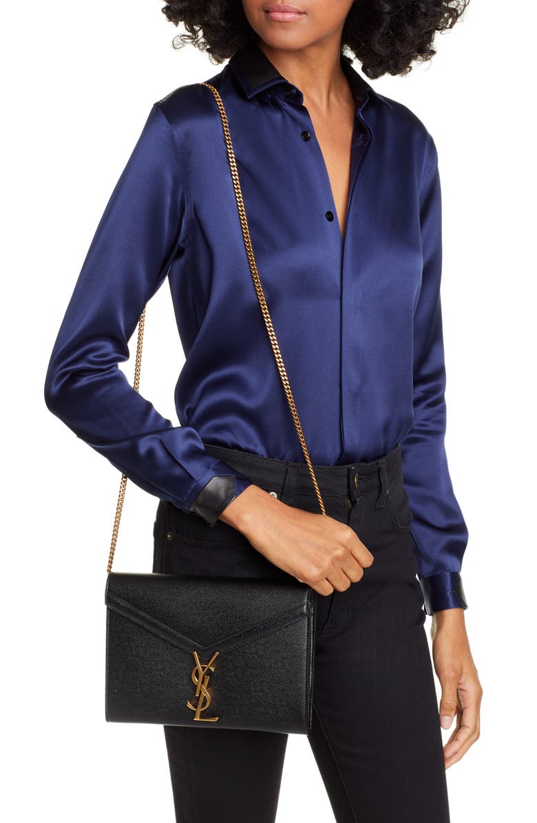 Saint Laurent Cassandra Leather Wallet on a Chain, Alternate, color,