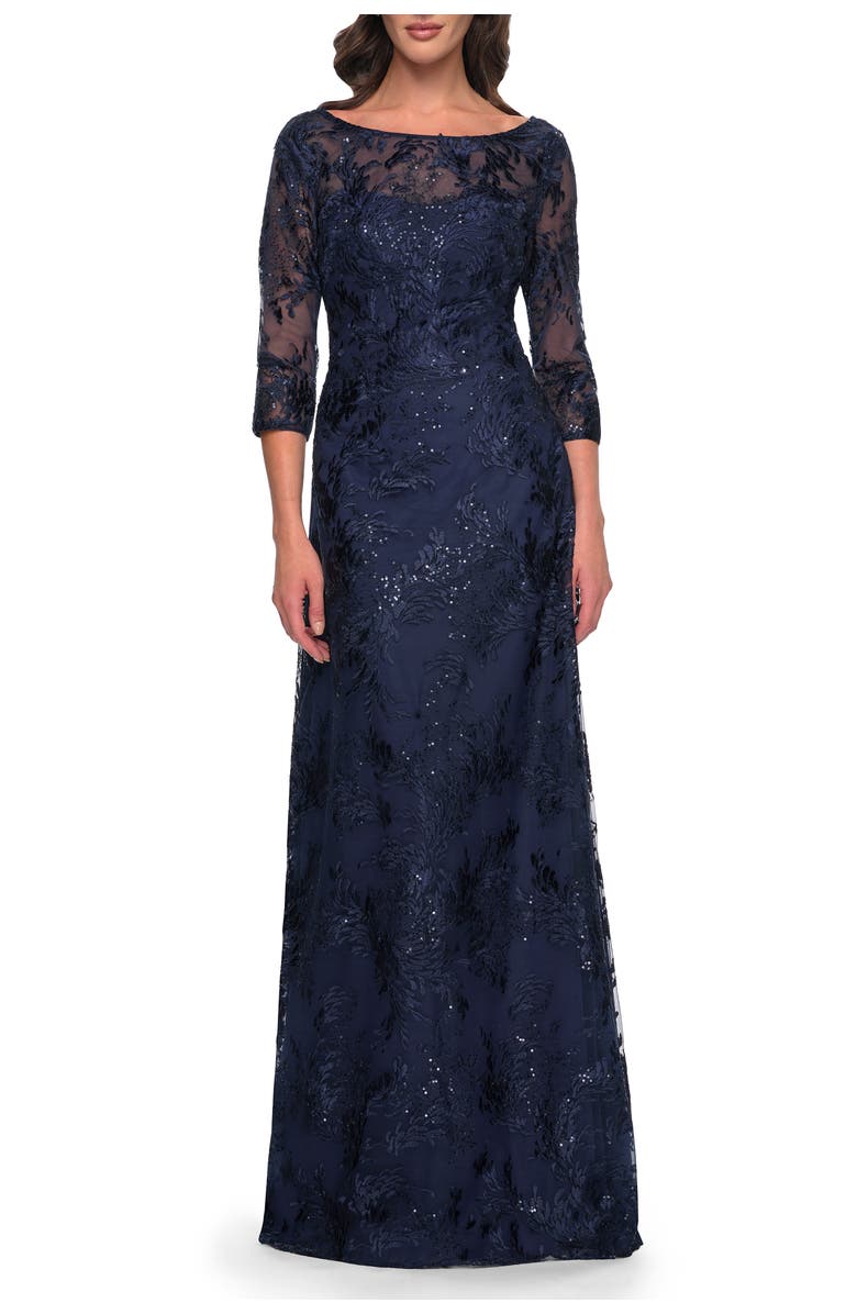 La Femme Beautiful Lace Mother of the Bride Dress with Illusion Neckline, Main, color, Navy