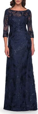 La Femme Beautiful Lace Mother of the Bride Dress with Illusion Neckline