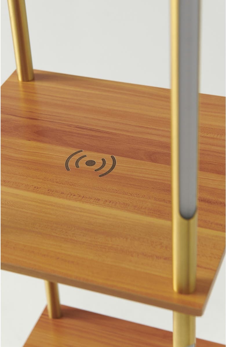 Brightech Aria 63" Touch LED Wood Shelf Floor Lamp with Wireless Charging Pad, Alternate, color, Antique Brass