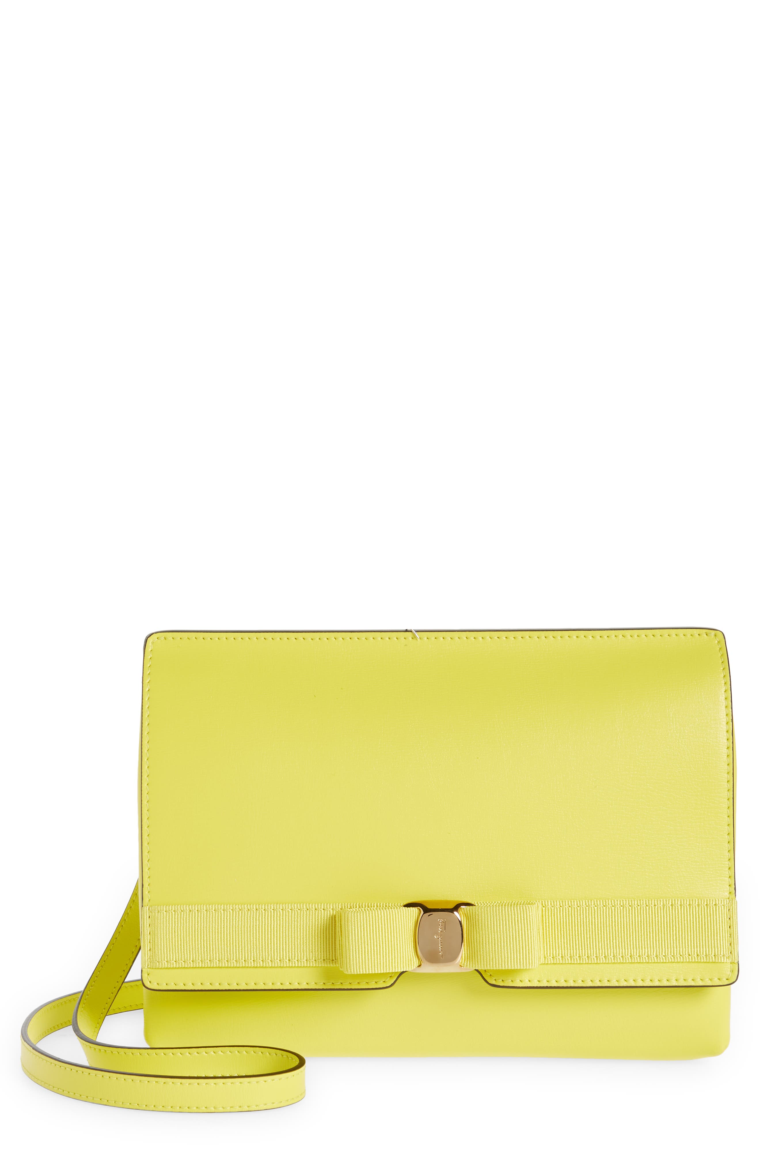 Salvatore Ferragamo Vara Bow Leather Shoulder Bag, Main, color, CANARY YELLOW