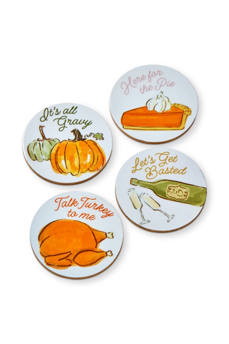 Turkey & Toast Bar Coaster Set of 4 Multi MDF Enamel 4x4 in Fall, Main, color, White