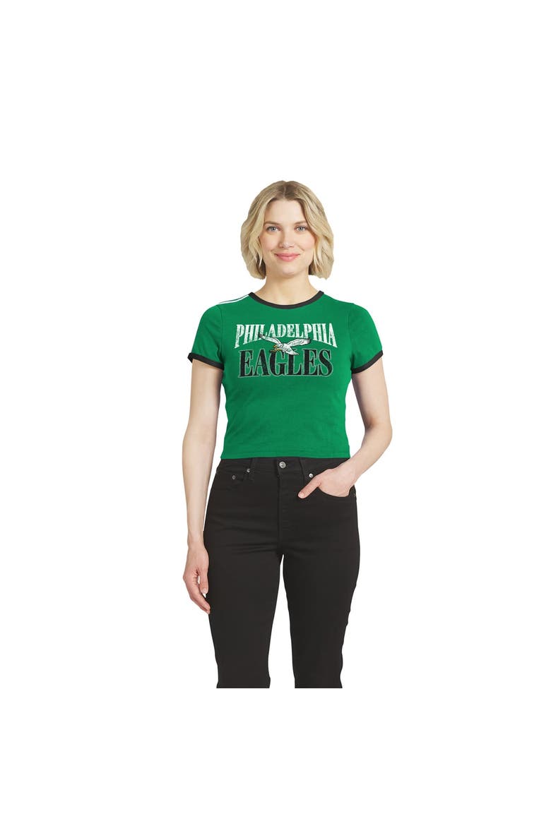 Women's WEAR by Erin Andrews  Kelly Green Philadelphia Eagles Cropped Throwback Ringer Baby T-Shirt, Main, color, Kelly Green