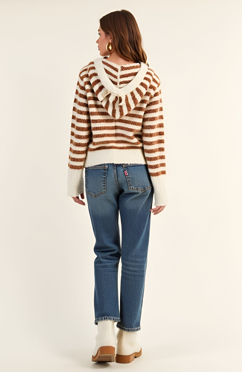 Modenaire Striped Button-up Cardigan Hoodie With Ribbon Tie And Ribbed Hem In Multi