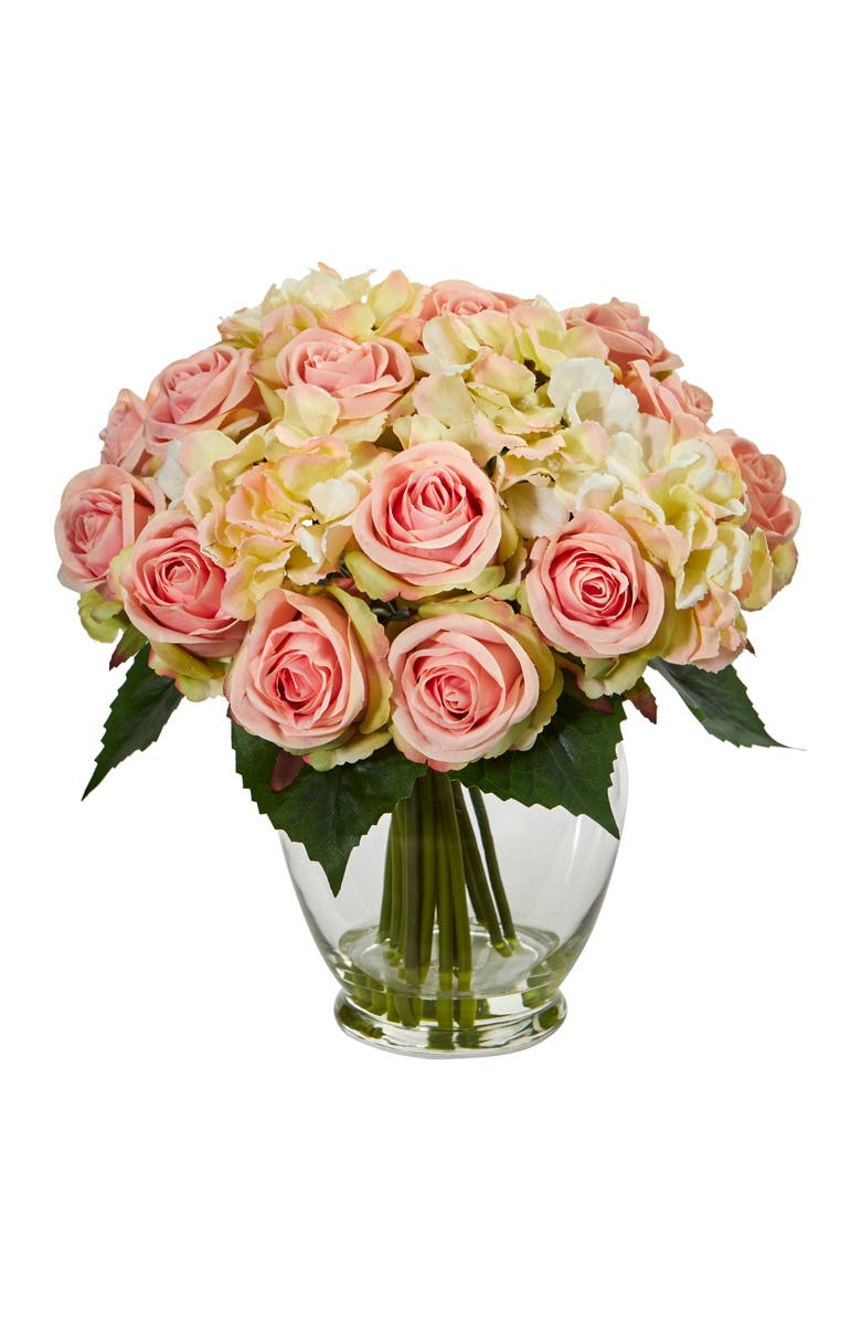 NEARLY NATURAL Rose and Hydrangea Bouquet Artificial Arrangement, Main, color, Pink