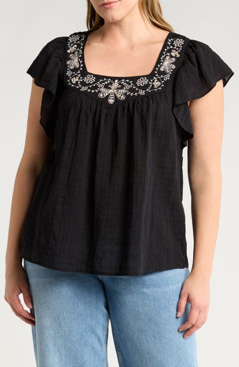 Floral Embroidered Flutter Sleeve Top (Plus)