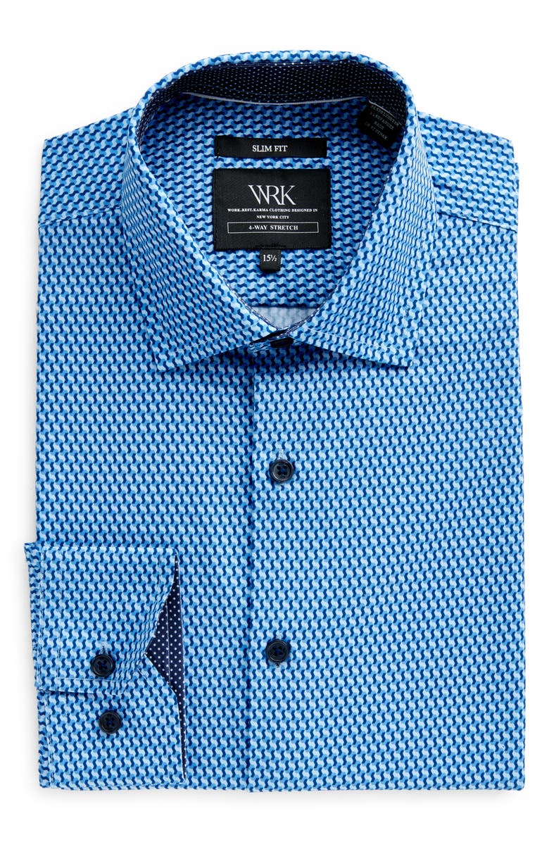 W.R.K Slim Fit Geo Print Stretch Performance Dress Shirt, Alternate, color, Blue