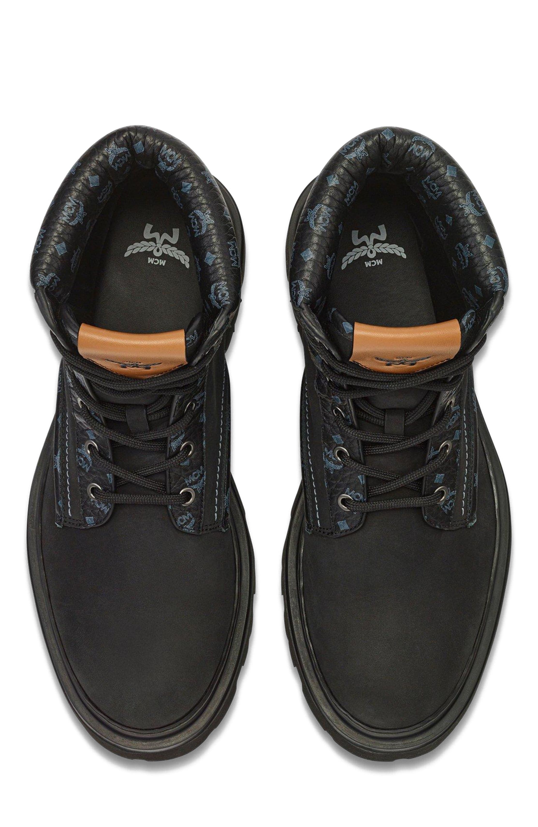 MCM Male Ankle Boots in Nubuck and Monogram Print Leather, Alternate, color, Black