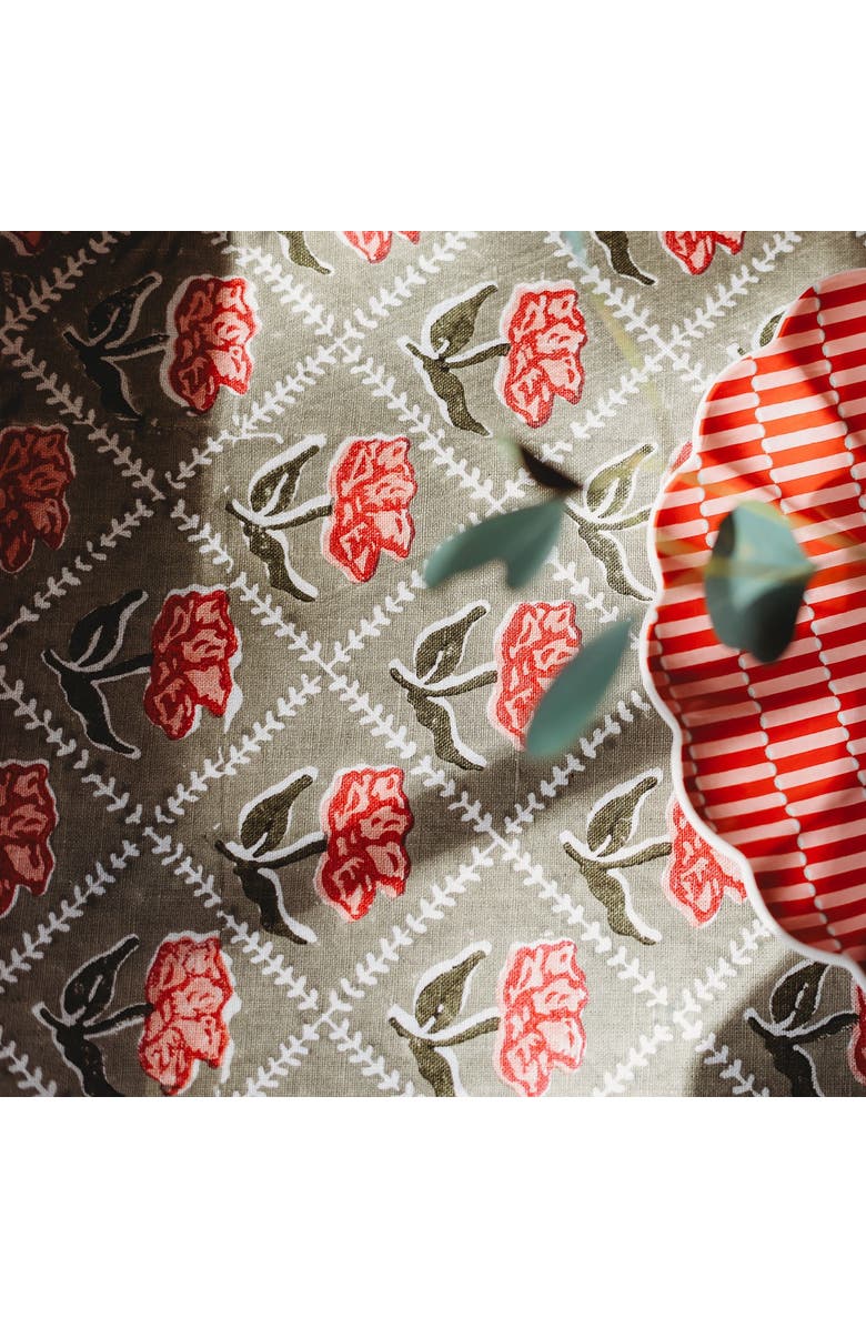 Banyan & Birch Noor - Pure Linen Handprinted Table Runner, Alternate, color, Olive & Pink