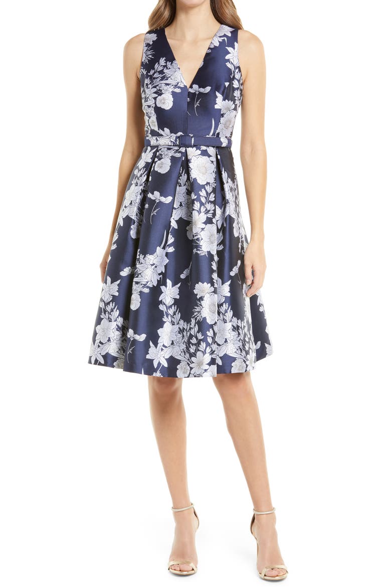 Floral Satin Fit & Flare Dress, Main, color, NAVY