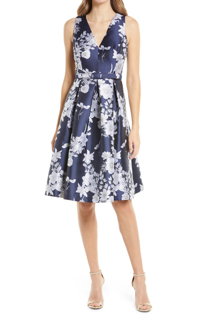 Eliza J Floral Satin Fit & Flare Dress, Main, color, Navy
