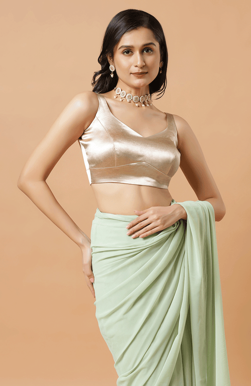 One Minute Saree® Tia Cream Satin Blouse With Criss-cross Adjustable Back Tie Blouse For Women In Gold