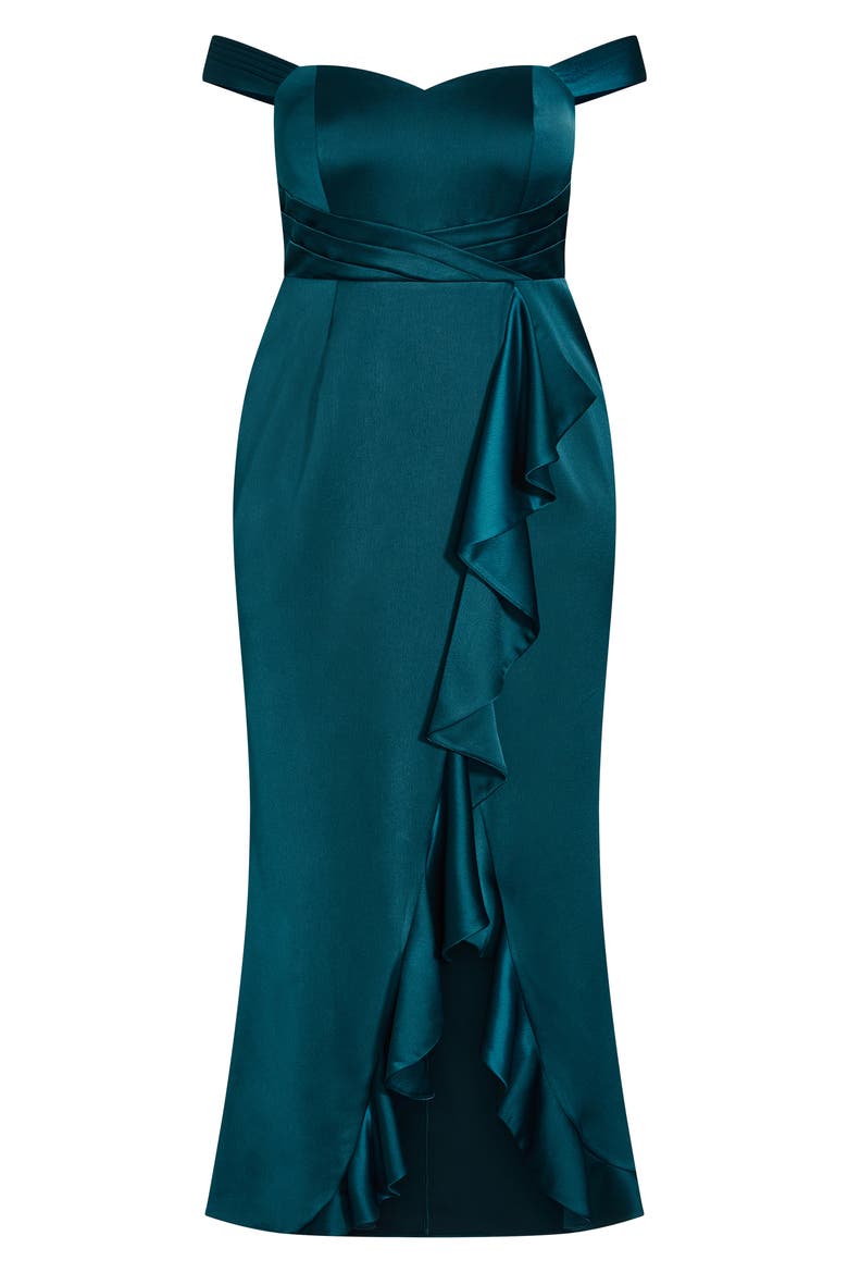 Hypnotize Off the Shoulder Satin Maxi Dress, Alternate, color, EMERALD