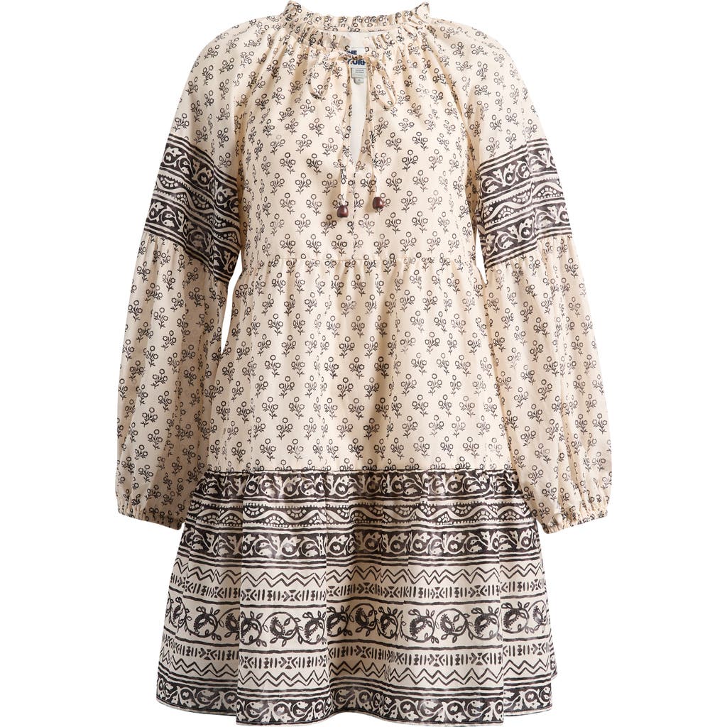 The Good Journey Mixed Print Long Sleeve Cotton Babydoll Dress In Black