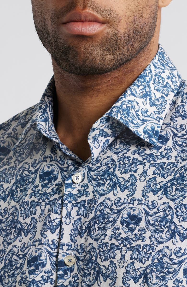 Stone Rose Fancy Skulls Button-Up Shirt, Alternate, color, Blue/Cream