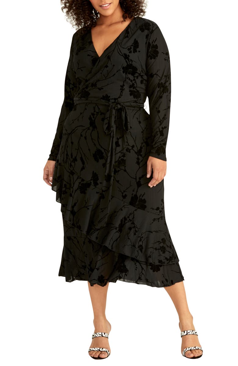 RACHEL Rachel Roy Ruffle Hem Faux Wrap Midi Dress, Main, color, 