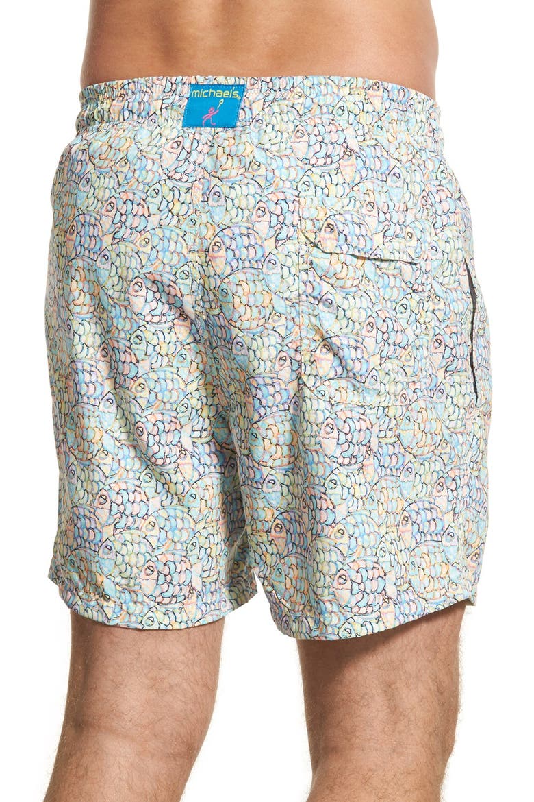'Abstract Fish' Print Swim Trunks, Alternate, color, YELLOW
