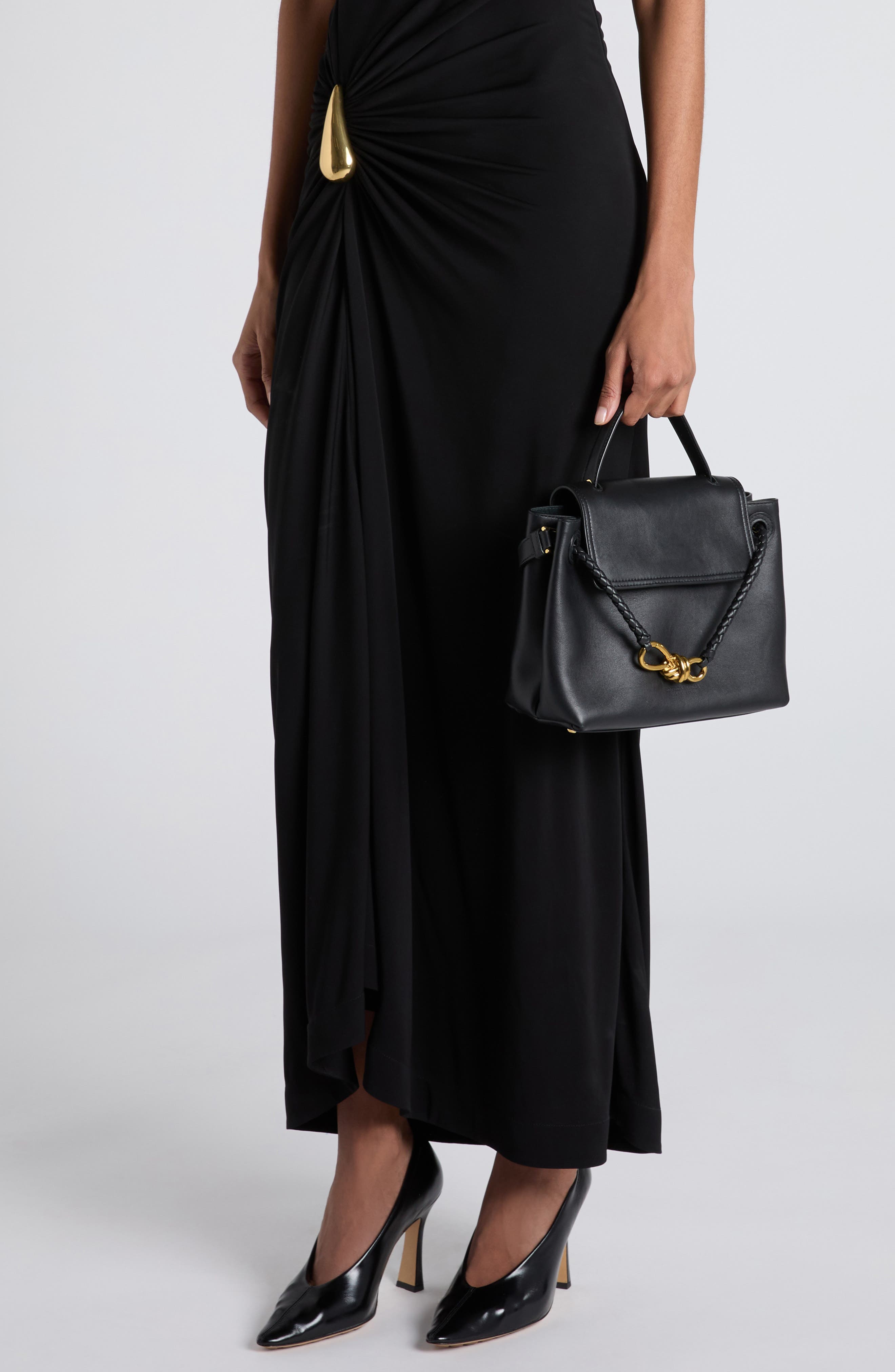 Bottega Veneta Small Ciao Ciao Knot Detail Leather Top Handle Bag, Alternate, color, 1019 Black-M Brass