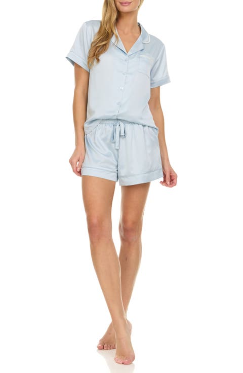 Satin Short Pajamas with Faux Pearl Trim
