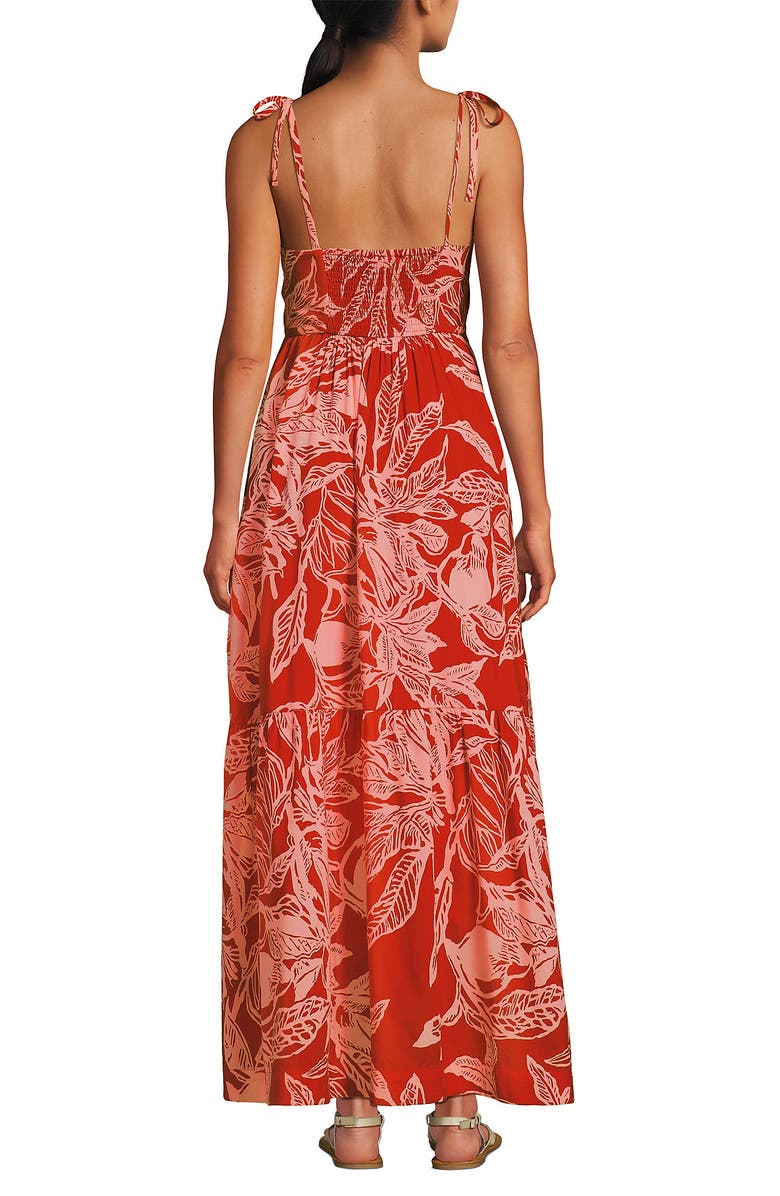 Lands' End Cotton Voile Vneck Tie Strap Maxi Dress, Alternate, color, Mandarin Orange Etched Leaves