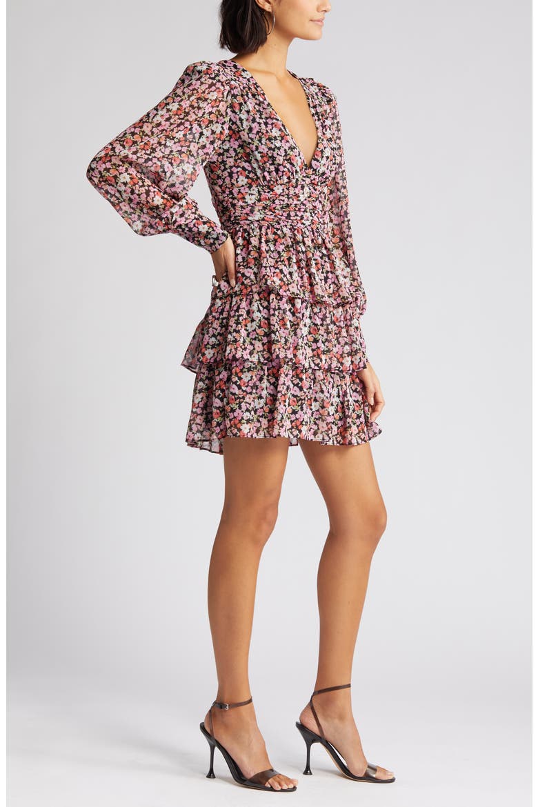 Floral Tiered Long Sleeve Minidress, Alternate, color, BLACK DITSY