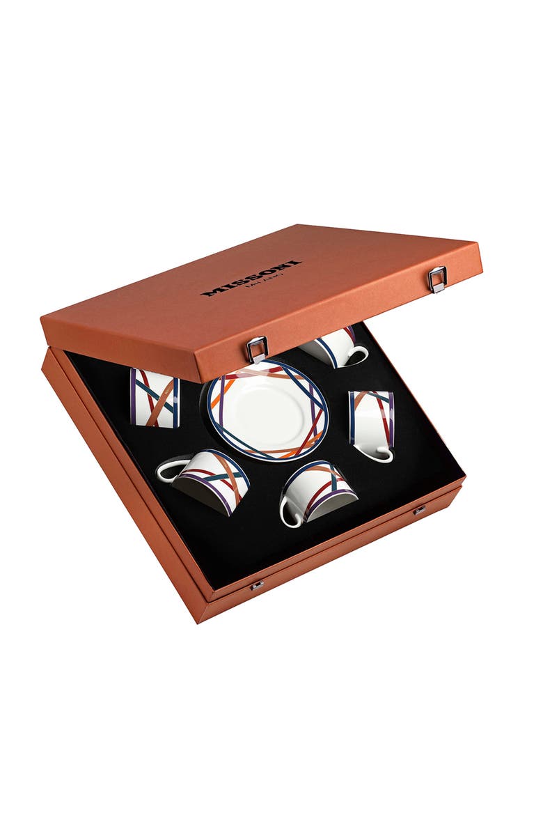 Tea Cup & Saucer NASTRI Set of 6 in Luxury Box Multicolor diam. 3.3", H 2.3", cap. 7.5 oz, Saucer dim. 6", Main, color, Multicolor