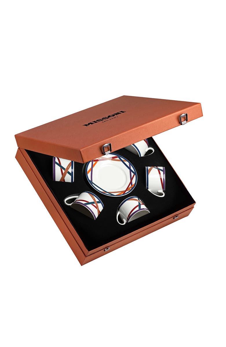 Missoni Home Tableware Tea Cup & Saucer NASTRI Set of 6 in Luxury Box Multicolor diam. 3.3", H 2.3", cap. 7.5 oz, Saucer dim. 6", Main, color, Multicolor