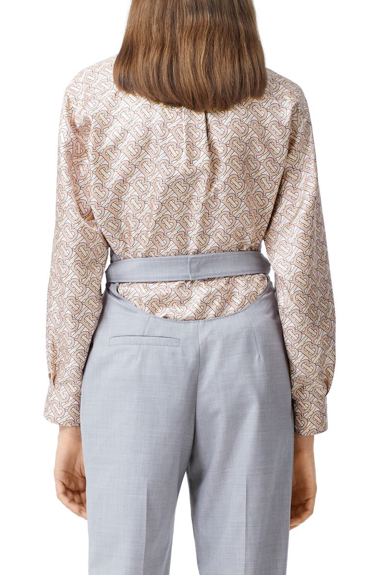 Juliette TB Monogram Print Silk Shirt, Alternate, color, PALE COPPER PINK