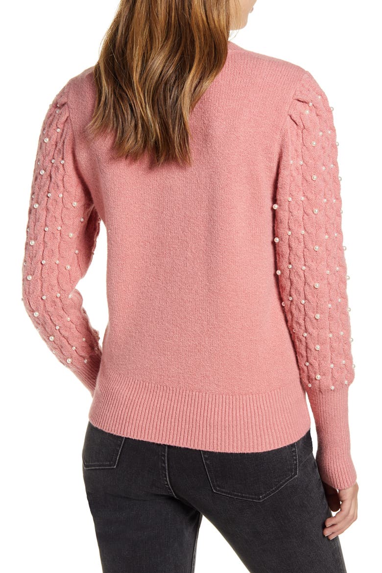 Imitation Pearl Embellished Puff Sleeve Sweater, Alternate, color, PINK COMPACT