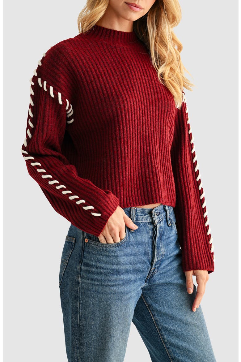 Whipstitch Mock Neck Rib Sweater, Alternate, color, BURGUNDY IVORY