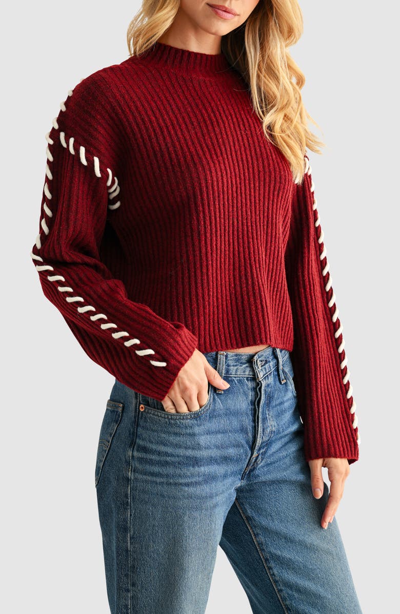 All in Favor Whipstitch Mock Neck Rib Sweater, Alternate, color, Burgundy Ivory