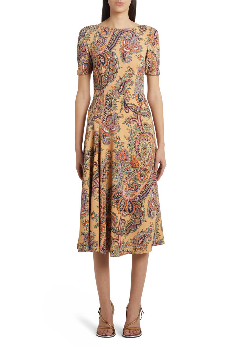 Etro Paisley Short Sleeve Crepe A-Line Dress, Main, color, 