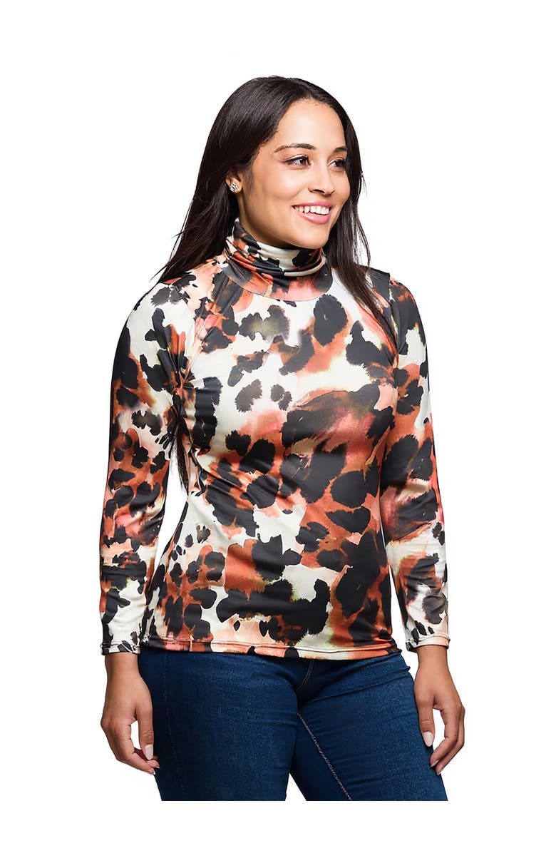 24seven Comfort Apparel Curvy Essential Long Sleeve Turtleneck Top, Alternate, color, Brown Multi