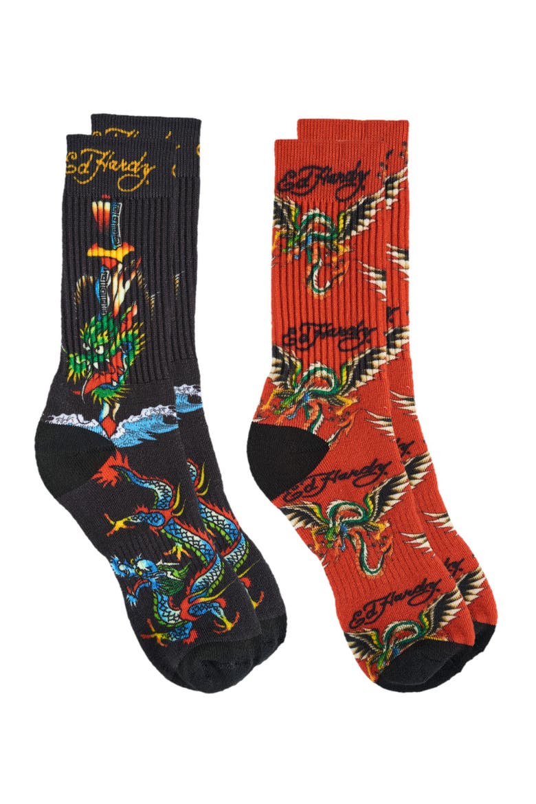 Dragon 360 Print Full Cushion Crew Sock 2-Pack, Alternate, color, Red