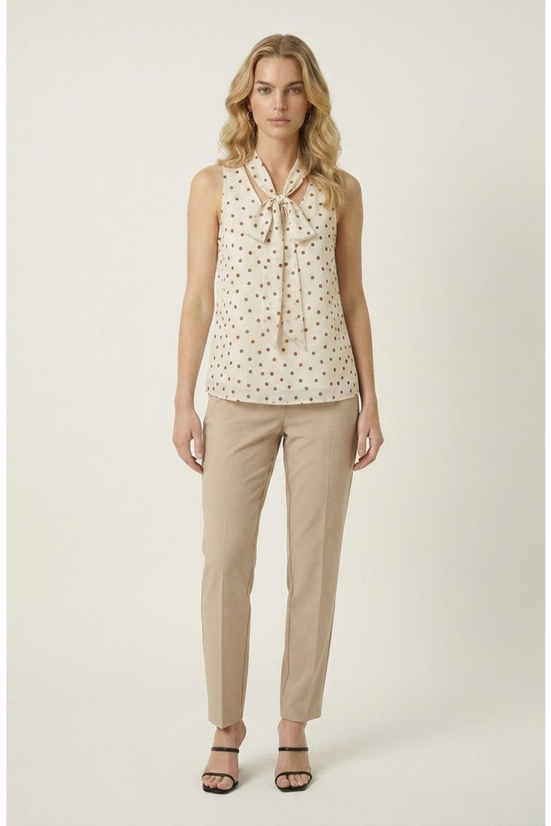 Sleeveless Tie Neck Polka Dot Blouse, Alternate, color, Beige