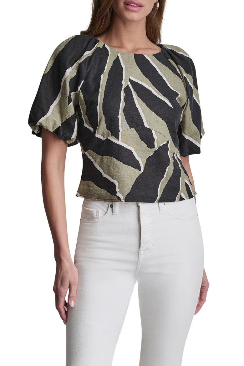 Abstract Print Puff Sleeve Linen Blend Top, Main, color, JUNGLE BLOCK