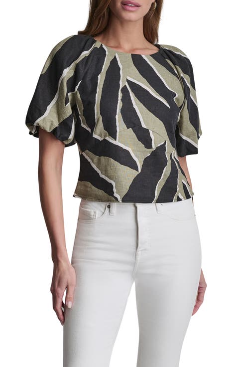 Abstract Print Puff Sleeve Linen Blend Top