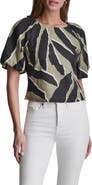 DKNY Abstract Print Puff Sleeve Linen Blend Top