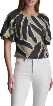 DKNY Abstract Print Puff Sleeve Linen Blend Top