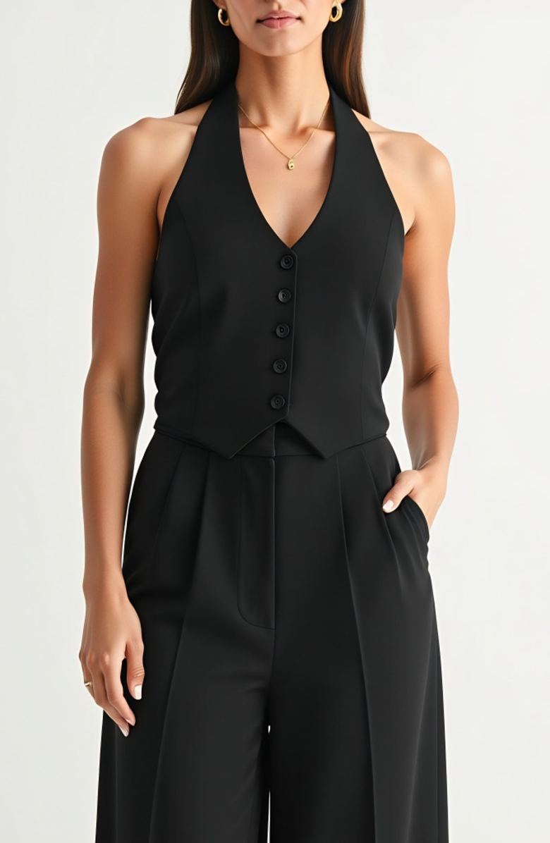 Modenaire Button-Detail Halter Vest and Wide-Leg Pocket Pants Set, Alternate, color, Black